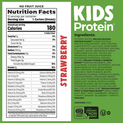 Orgain Organic Kids Protein Nutritional Shake, Strawberry - 8G of Protein, 22 Vitamins & Minerals, Fruits & Vegetables, Gluten Free, Soy Free, Kosher, Non-Gmo, 8.25 Oz, 12 Ct (Packaging May Vary)