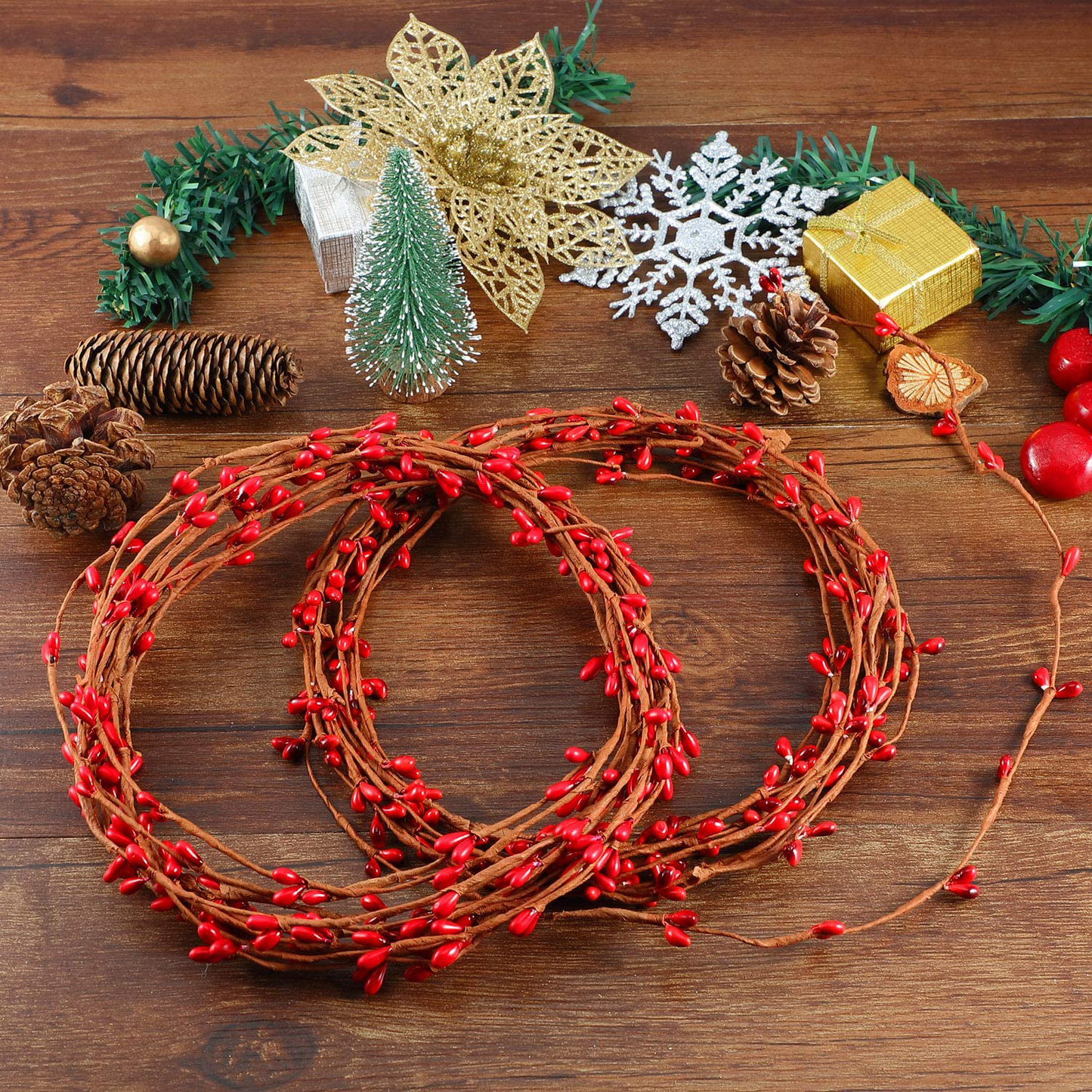 40 Feet Double Pip Garland Berry Garland Floral Craft Country Pip Berry Garland Floral Craft Decor, Artificial Red Berry Christmas Garland, 2 Roll