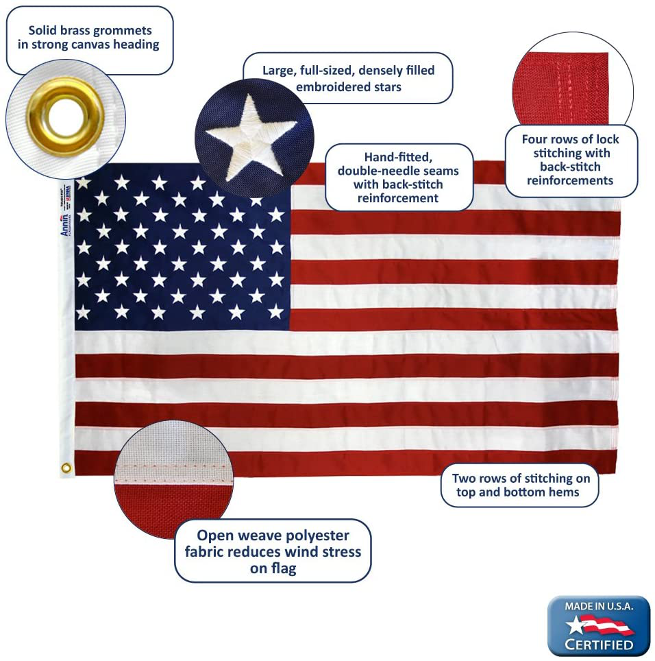 Annin Flagmakers Model 2710 American Flag Tough-Tex The Strongest, Longest Lasting, 3x5 ft, 100% Made in USA with Sewn Stripes, Embroidered Stars and Brass Grommets