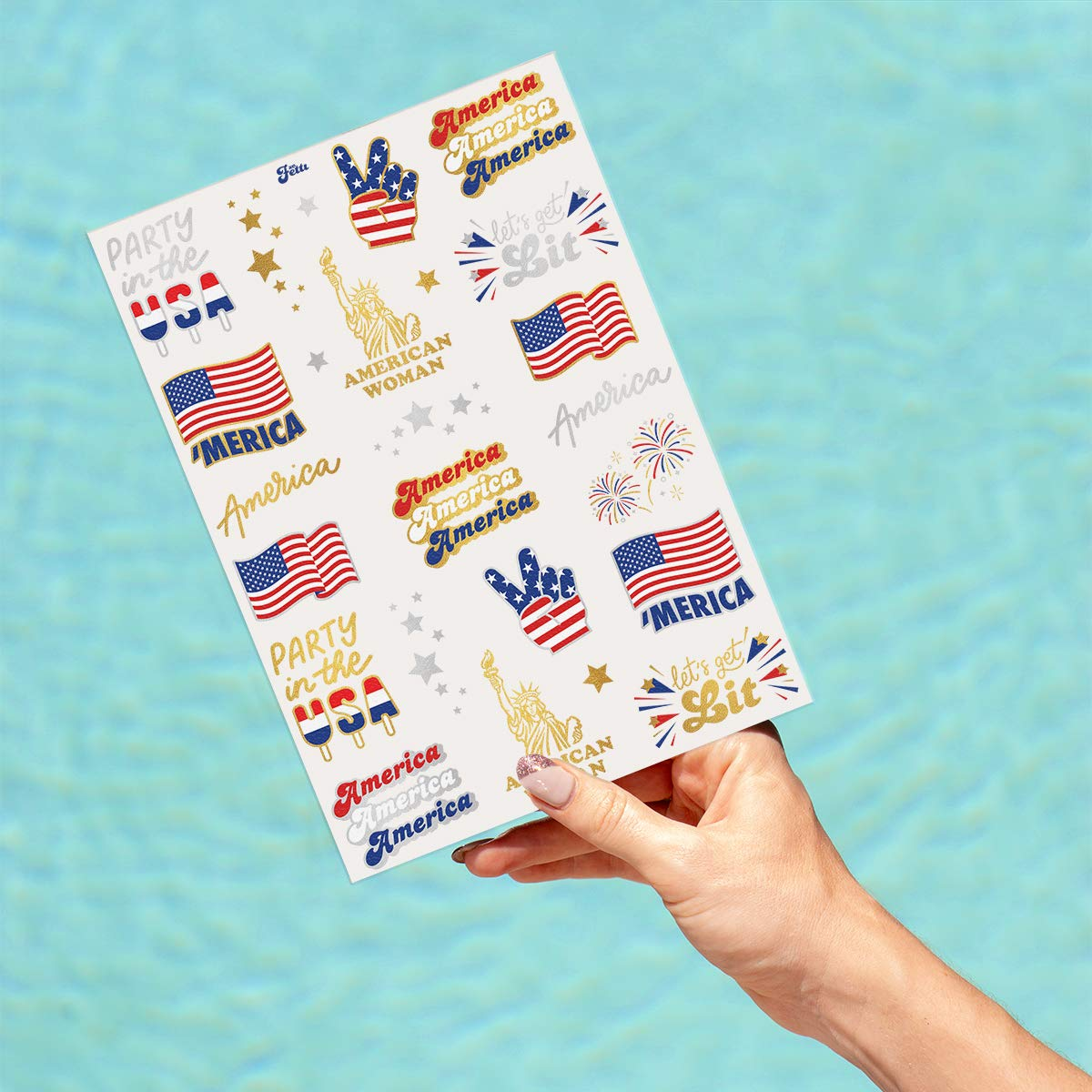 Xo, Fetti Fourth of July Party Supplies Temporary Tattoos - 34 Glitter Styles | American Flag, 4Th of July