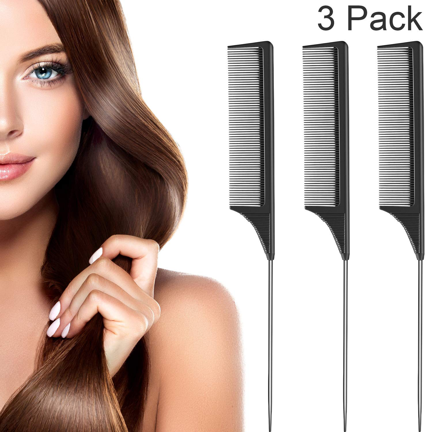 3 Packs Rat Tail Comb Steel Pin Rat Tail Carbon Fiber Heat Resistant Teasing Combs with Stainless Steel Pintail