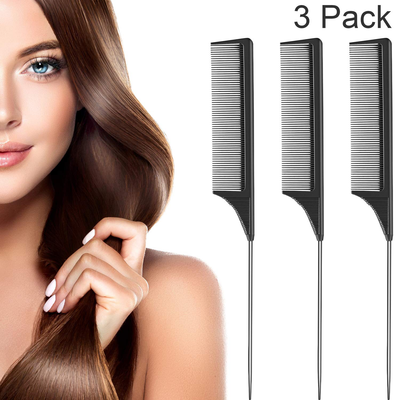 3 Packs Rat Tail Comb Steel Pin Rat Tail Carbon Fiber Heat Resistant Teasing Combs with Stainless Steel Pintail