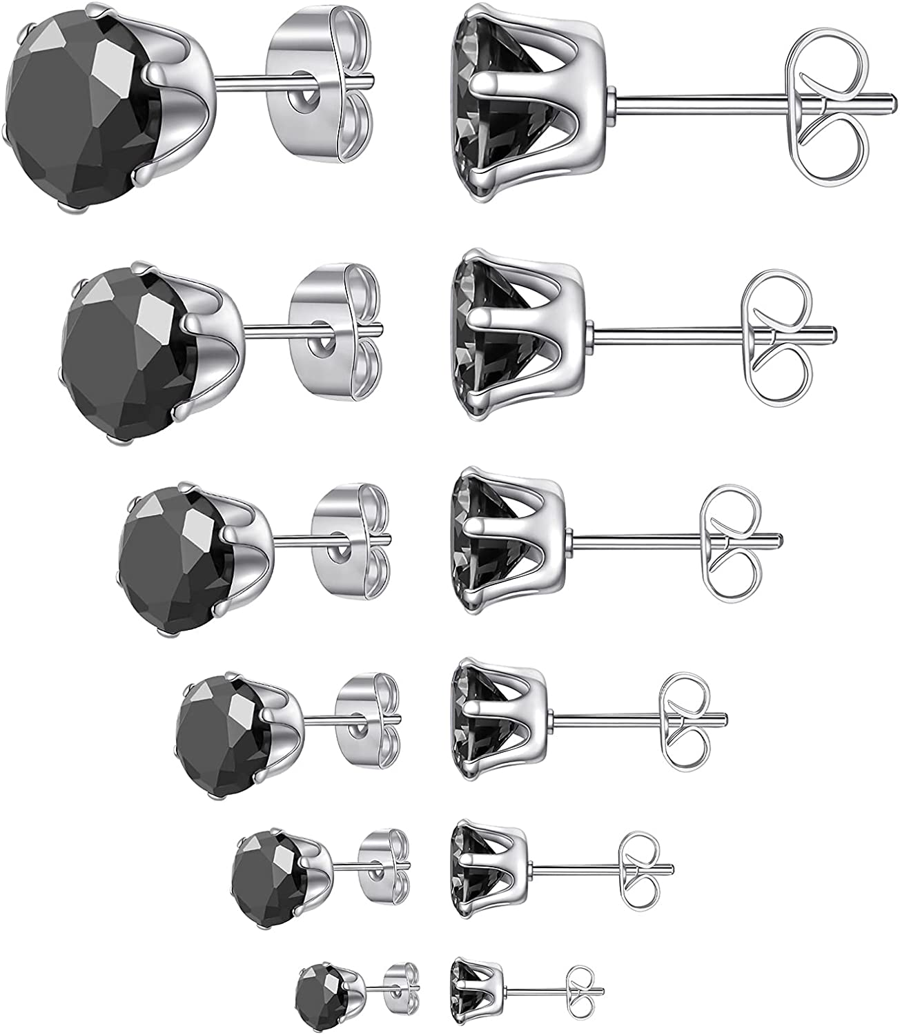 6 Pairs Stud Earrings Set,Clear Cubic Zirconia 316L Stainless Steel Earrings for Women for Men 3-8Mm