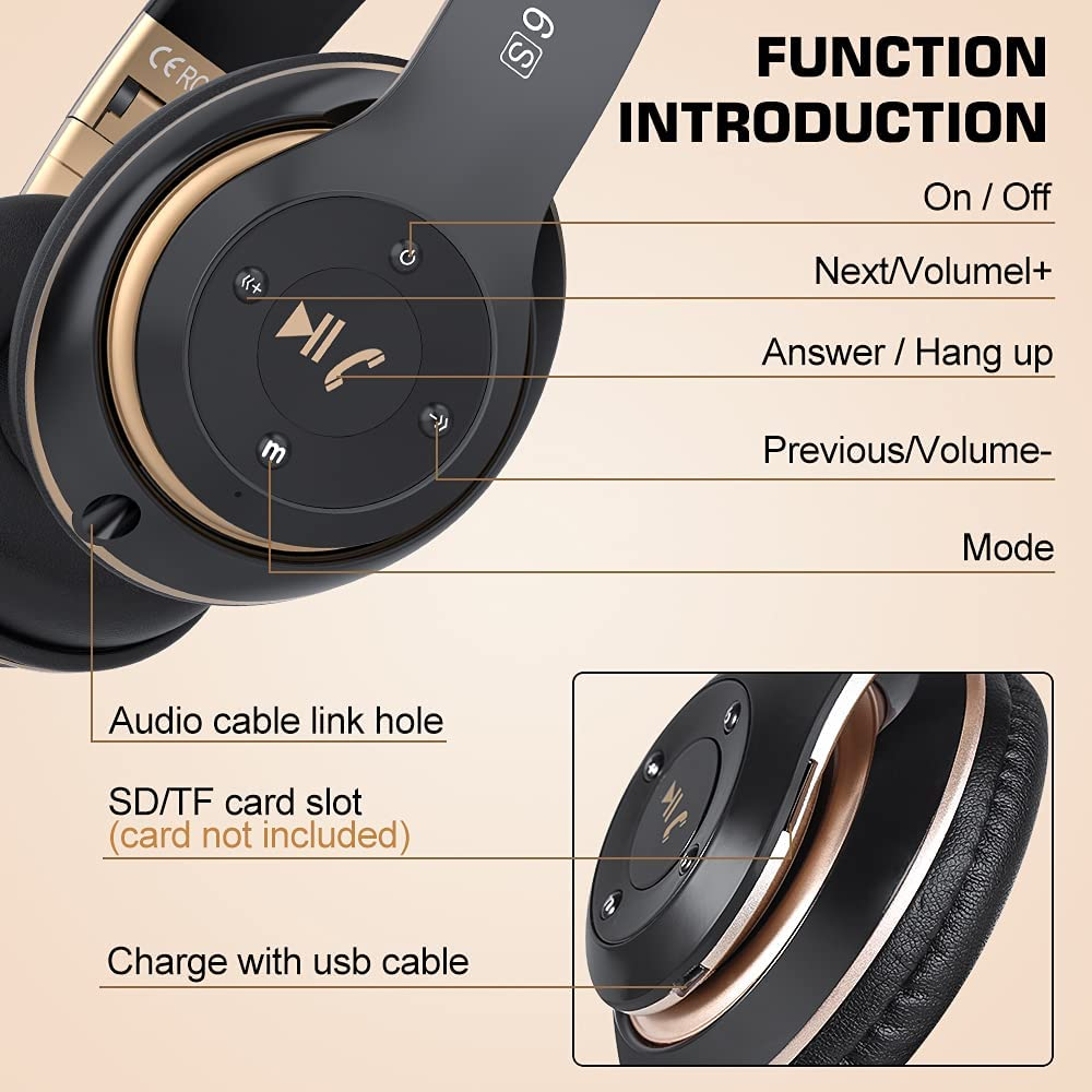 6S Wireless Bluetooth Headphones over Ear, Hi-Fi Stereo Foldable Wireless Stereo Headsets Earbuds with Built-In Mic, Volume Control, FM for Phone/Pc (Black & Gold)