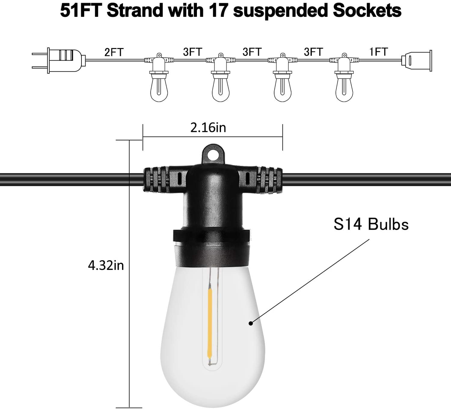 Banord 51FT Outdoor Shatterproof LED String Lights, Waterproof 17 Hanging Sockets with 18 x Dimmable LED Bulb Garden Light String, Waterproof Vintage Patio Lights for Wedding Party