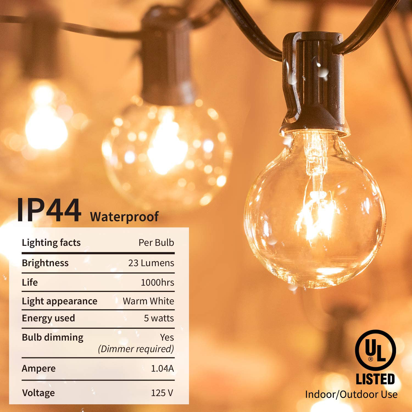 Outdoor String Lights G40 Globe Patio Lights with 27 Edison Glass Bulbs(2 Spare), Waterproof Connectable Hanging Light for Backyard Porch Balcony Party Decor, E12 Socket Base