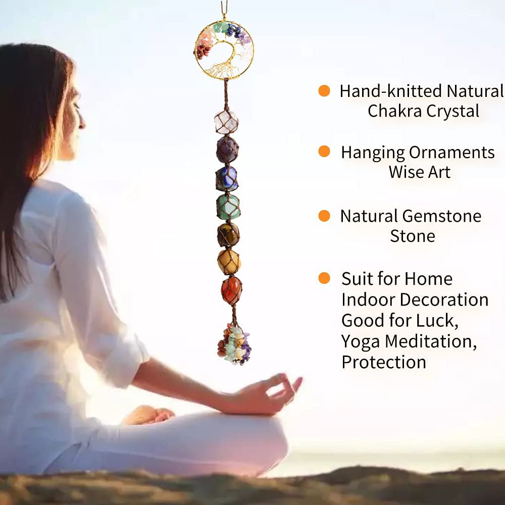 Tree of Life Chakra Stones Healing Crystals Feng Shui Hanging Ornament 7 Chakra Wall Ornament Meditation Hanging Ornament Window Ornament for Home Decor Party Decor