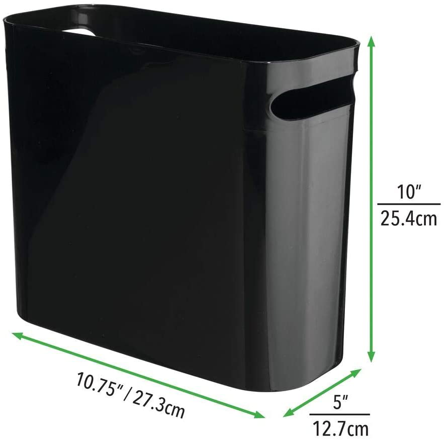 mDesign Slim Plastic Rectangular Small Trash Can Wastebasket, Garbage Container Bin with Handles for Bathroom, Kitchen, Home Office, Dorm, Kids Room - 10" High, Shatter-Resistant - Black