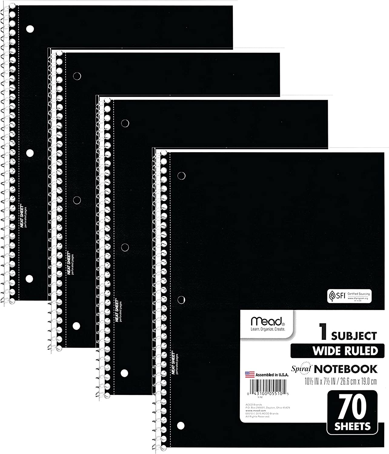 Mead Spiral Notebooks, 1 Subject, Wide Ruled Paper, 70 Sheets, 10-1/2" X 7-1/2 Inches, Black, 4 Pack (38401)