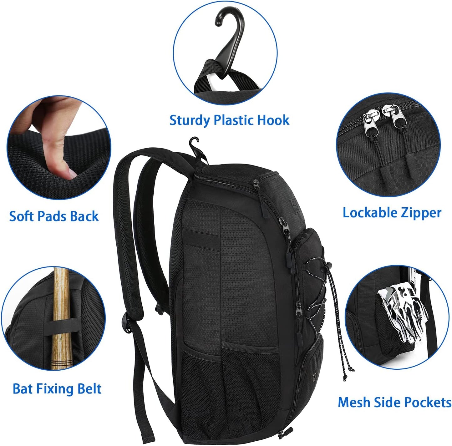 29L Baseball Backpack, Softball Bat Bag with Shoes Compartment Lightweight Baseball Bag with Fence Hook