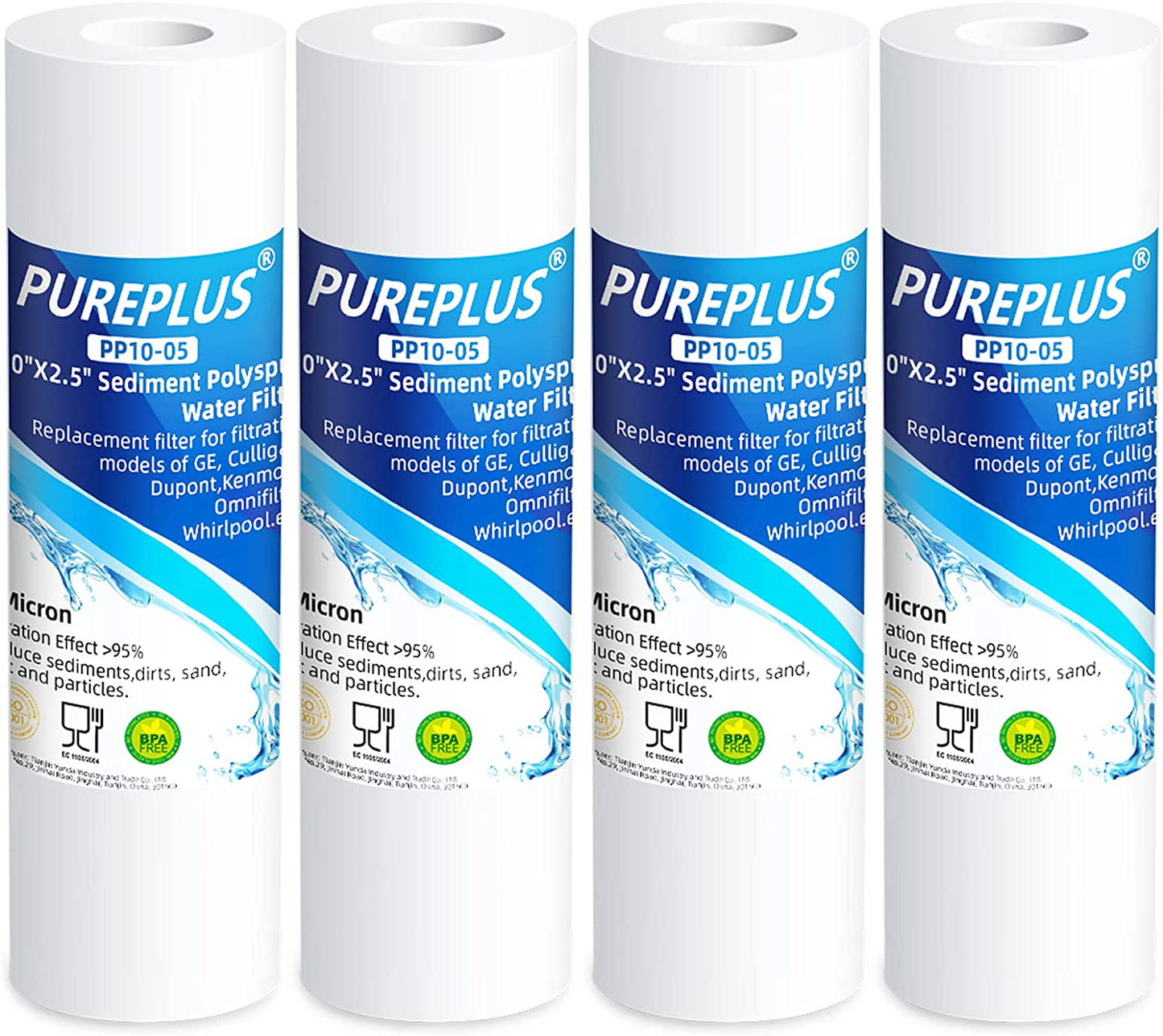 PUREPLUS 5 Micron 10" x 2.5" Whole House Sediment Home Water Filter Cartridge Replacement for Any 10 inch RO Unit, Culligan P5, Aqua-Pure AP110, Dupont WFPFC5002, CFS110, WHKF-GD05, PP10-05, 4Pack