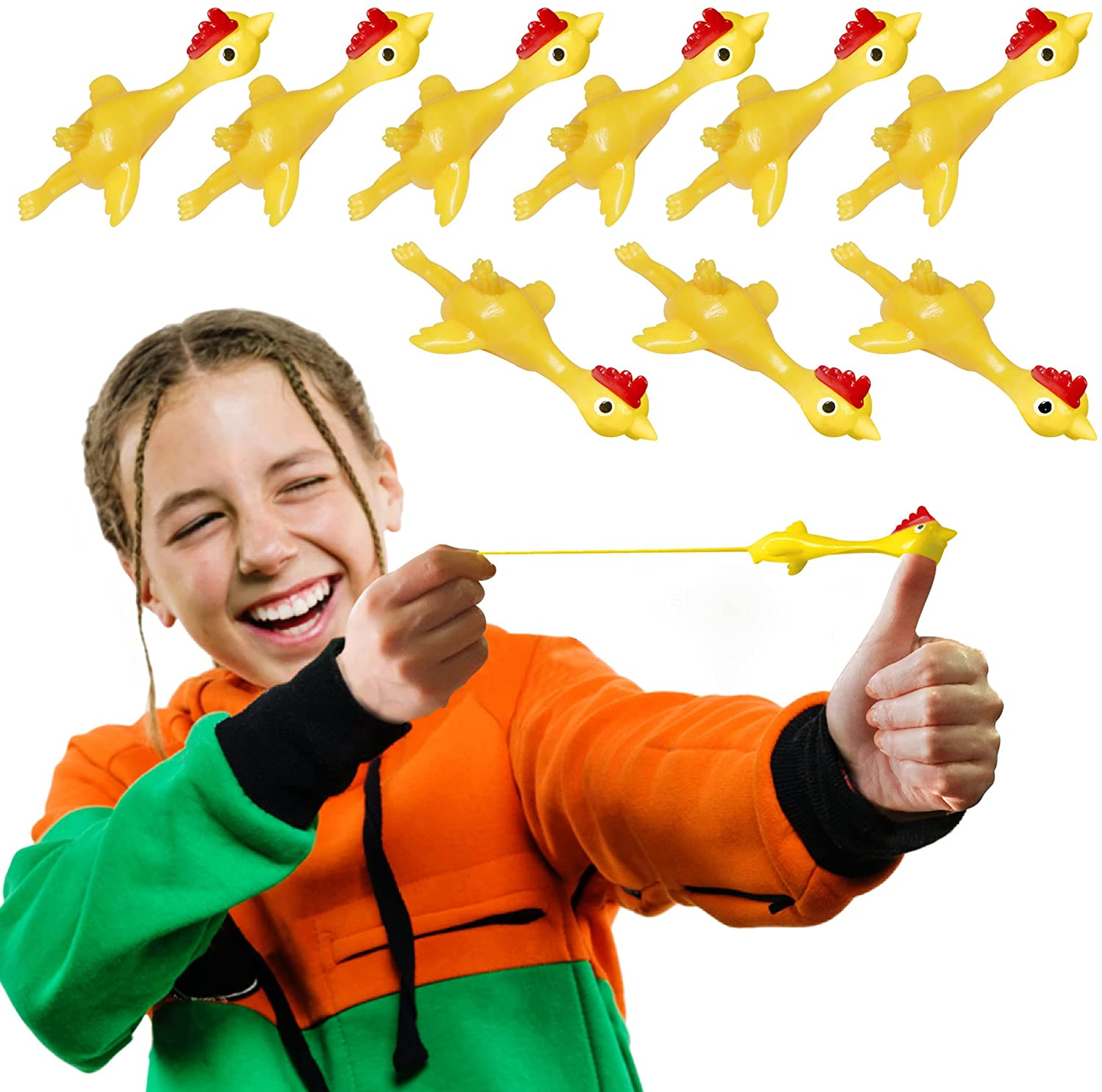 Novelty Place 10 Pcs Slingshot Chicken Flying Finger Toys - Stretchy Rubber Flick Chicks Shooting Game for Kids & Adults - Stress Relieve Fidget Toy, Party Favors & Easter Gift (4 Inch)