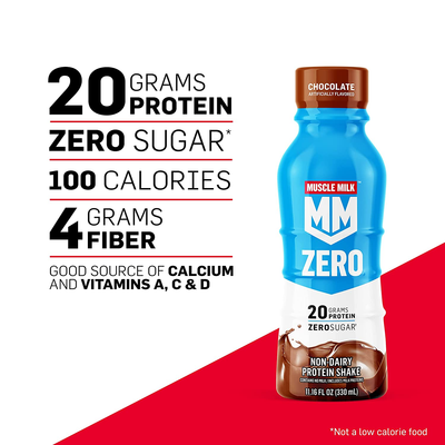 Muscle Milk Zero Protein Shake, Vanilla Crème, 11.16 Fl Oz Bottle, 12 Pack, 20G Protein, Zero Sugar, 100 Calories, Calcium, Vitamins A, C & D, 4G Fiber, Energizing Snack, Workout Recovery, Packaging May Vary