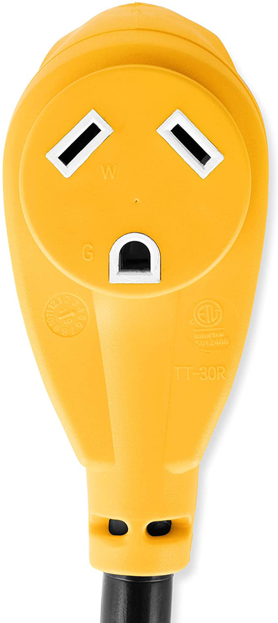 Camco (55165) Heavy Duty RV Dogbone Electrical Adapter with Innovative 180 Degree Bend Design and Easy PowerGrip Handle