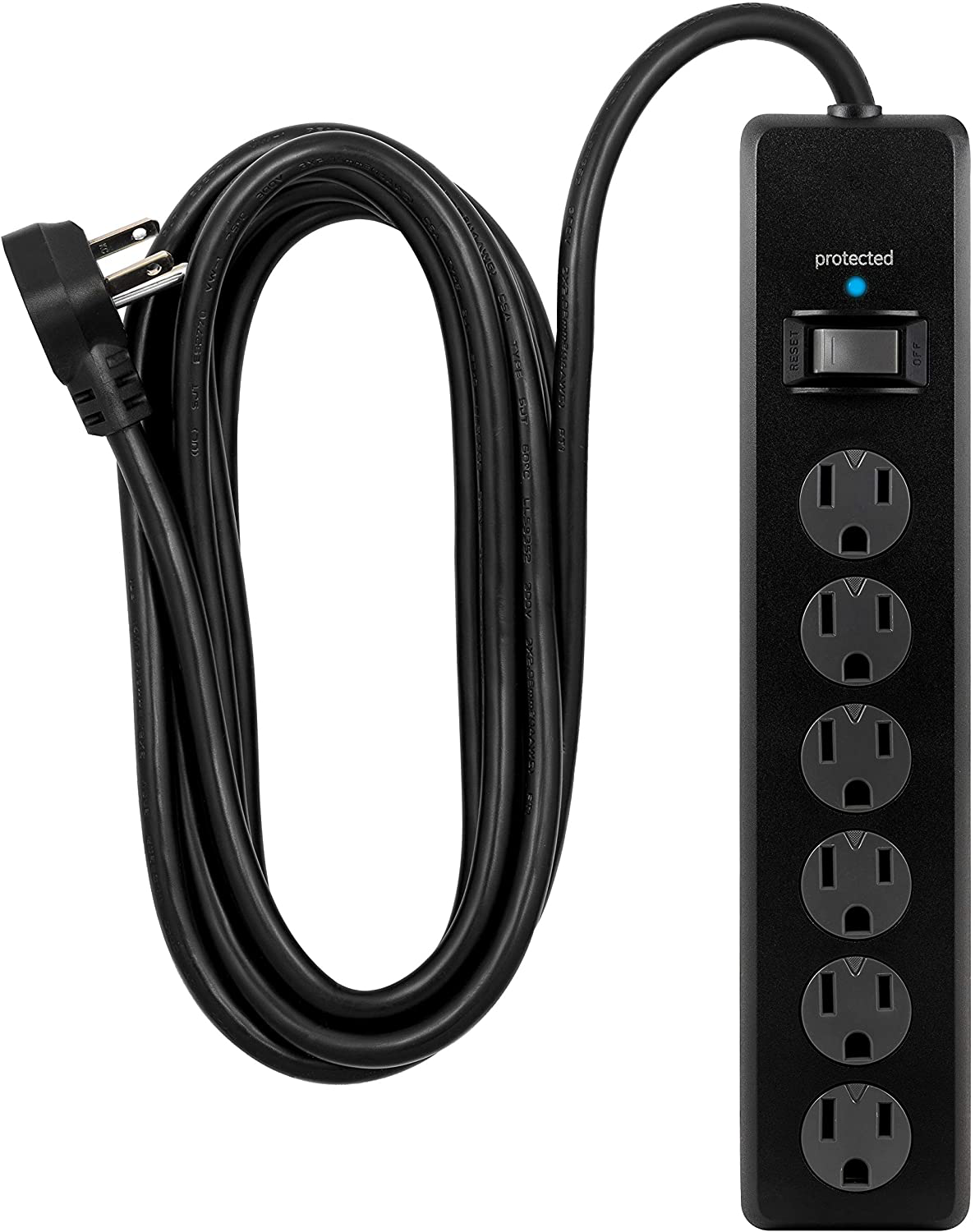 GE 6 Outlet Surge Protector, 10 Ft Extension Cord, Power Strip, 800 Joules, Flat Plug, Twist-to-Close Safety Covers, White, 14092