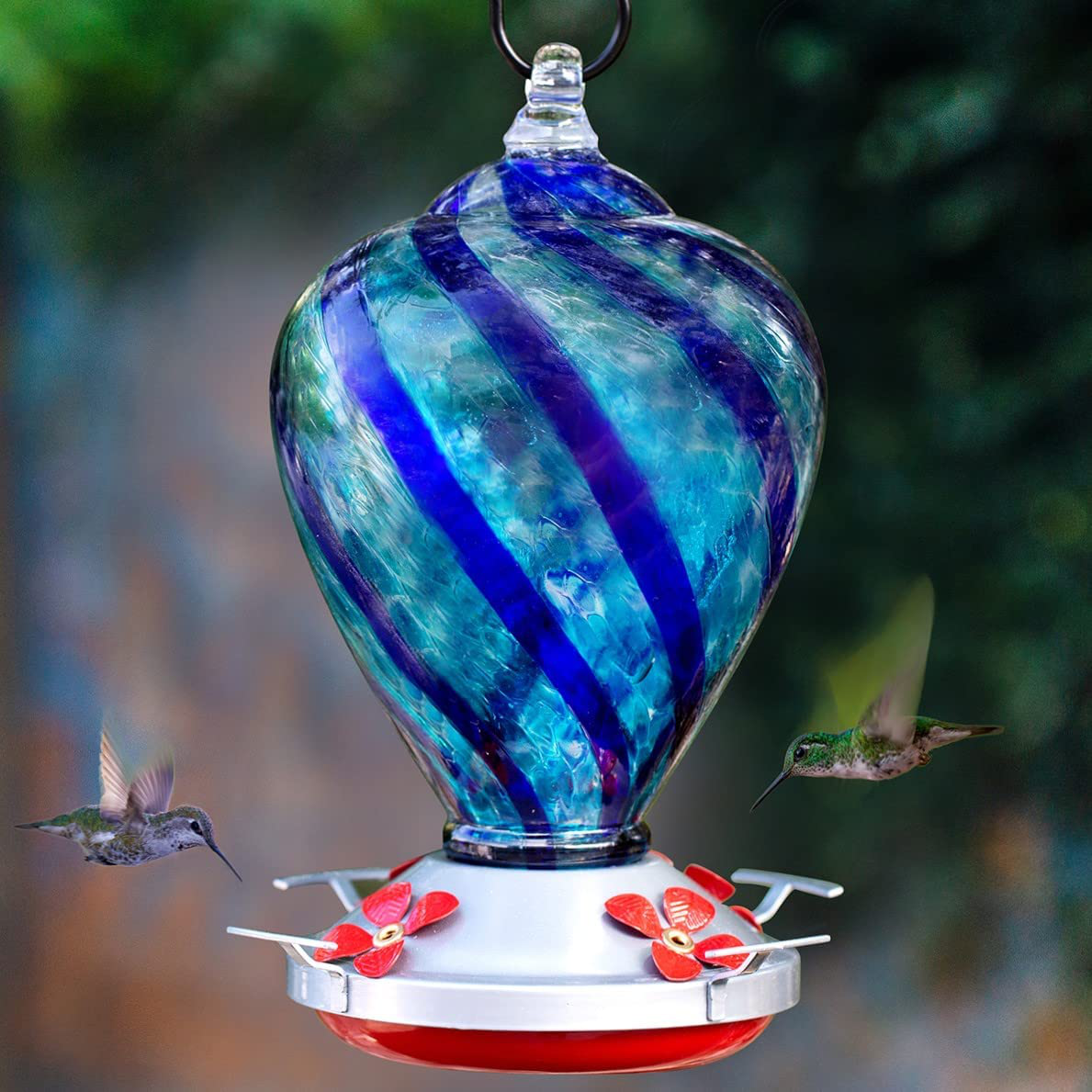 Muse Garden Hummingbird Feeder for Outdoors, Hand Blown Glass, 34 Ounces, Containing Ant Moat, Comet