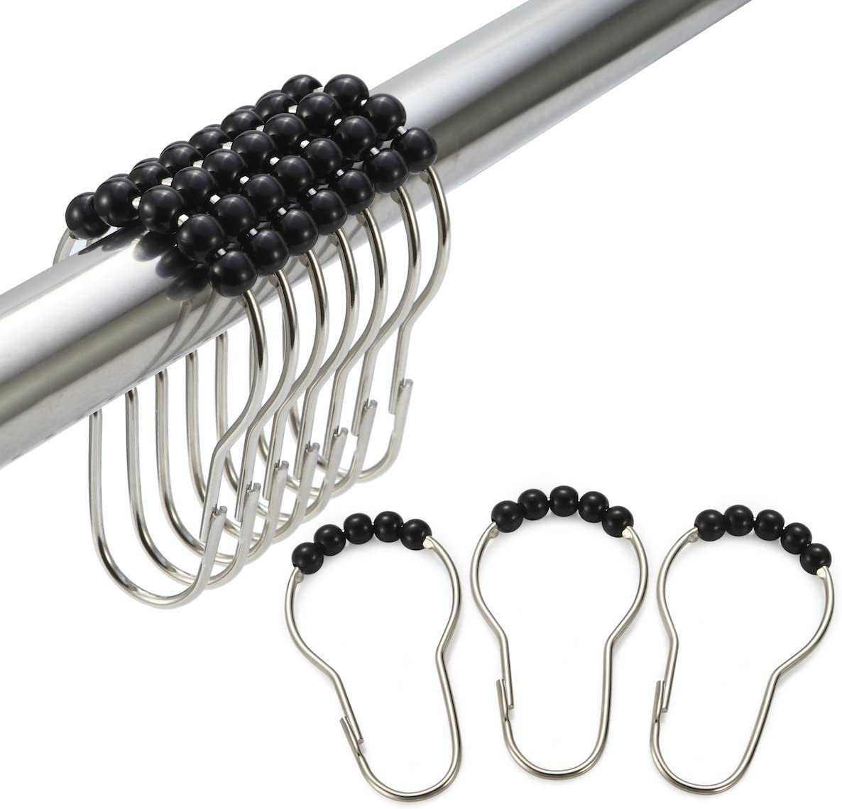 Amazer Shower Curtain Hooks Rings, Stainless Steel Shower Curtain Rings and Hooks for Bathroom Shower Rods Curtains-Set of 12