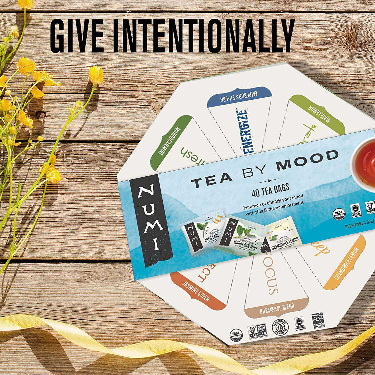 Numi Organic Tea by Mood Gift Set, 40 Count Tea Bag Assortment - Premium Organic Black, Pu-Erh, Green, Mate, Rooibos & Herbal Teas (Packaging May Vary)