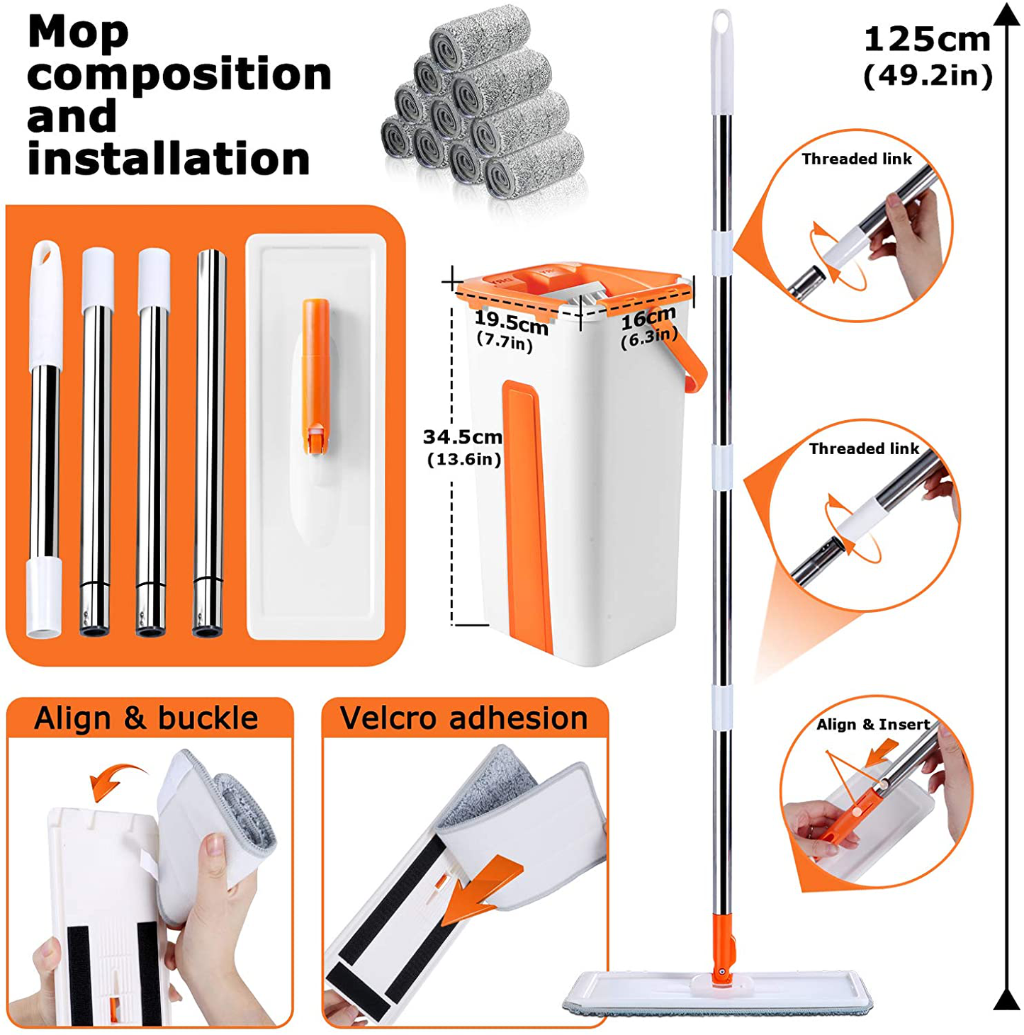 Flat Floor Mop and Bucket Set with 10 PCS Microfiber Mop Pads,Self Cleaning Squeeze Mop and Bucket System with Extended Stainless Steel Handle for Floor Cleaning