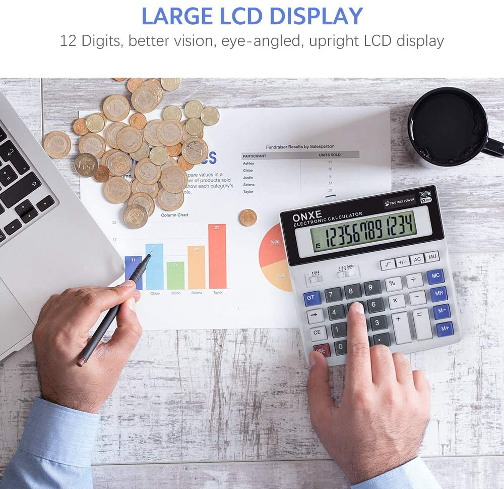 Calculator, ONXE Standard Function Scientific Electronics Desktop Calculators, Dual Power, Big Button 12 Digit Large LCD Display, Handheld for Daily and Basic Office (White)