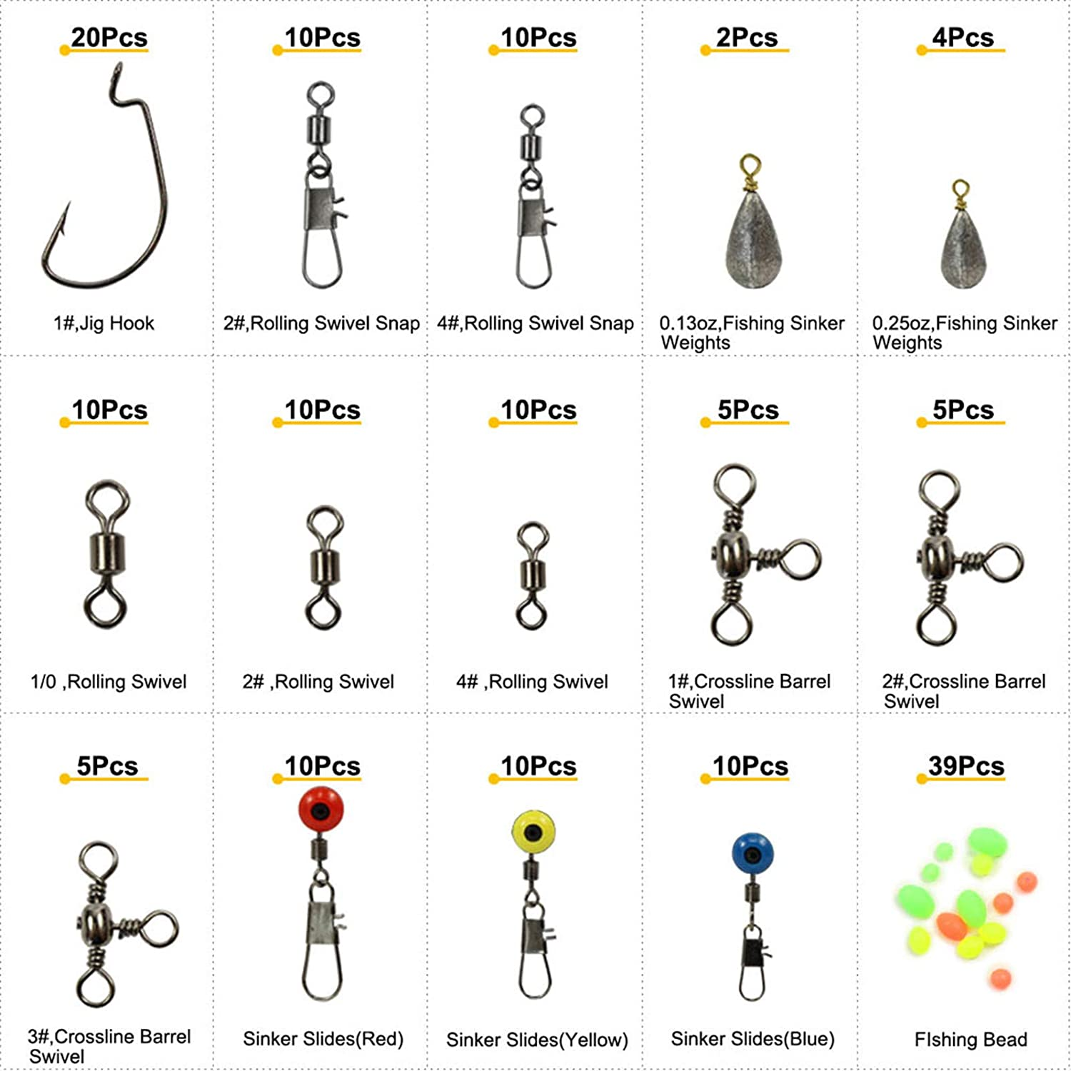 160Pcs/Box Fishing Accessories Kit with Tackle Box,Including Fishing Swivels Snaps, Bass Casting Sinker Weights, Fishing Line Beads,Jig Hooks
