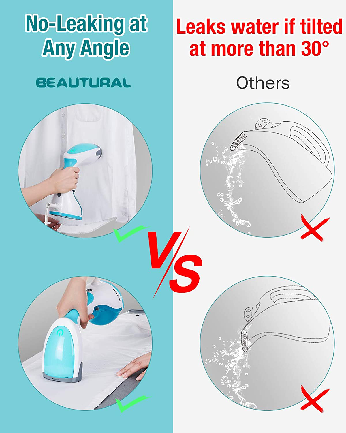 BEAUTURAL Steamer for Clothes with Pump Steam Technology, Portable Handheld Garment Fabric Wrinkles Remover, 30s Fast Heat-up, Auto-Off, Large Detachable Water Tank