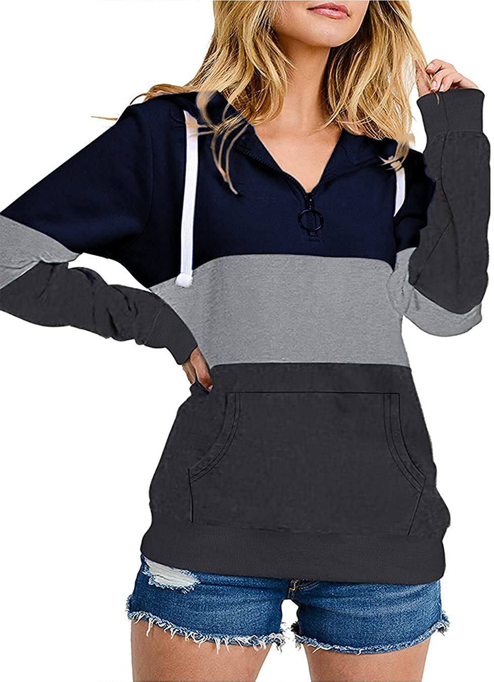Barlver Women's Casual Hoodies Long Sleeve Sweatshirts Cowl Neck Drawstring Hooded Pullover Top with Pockets