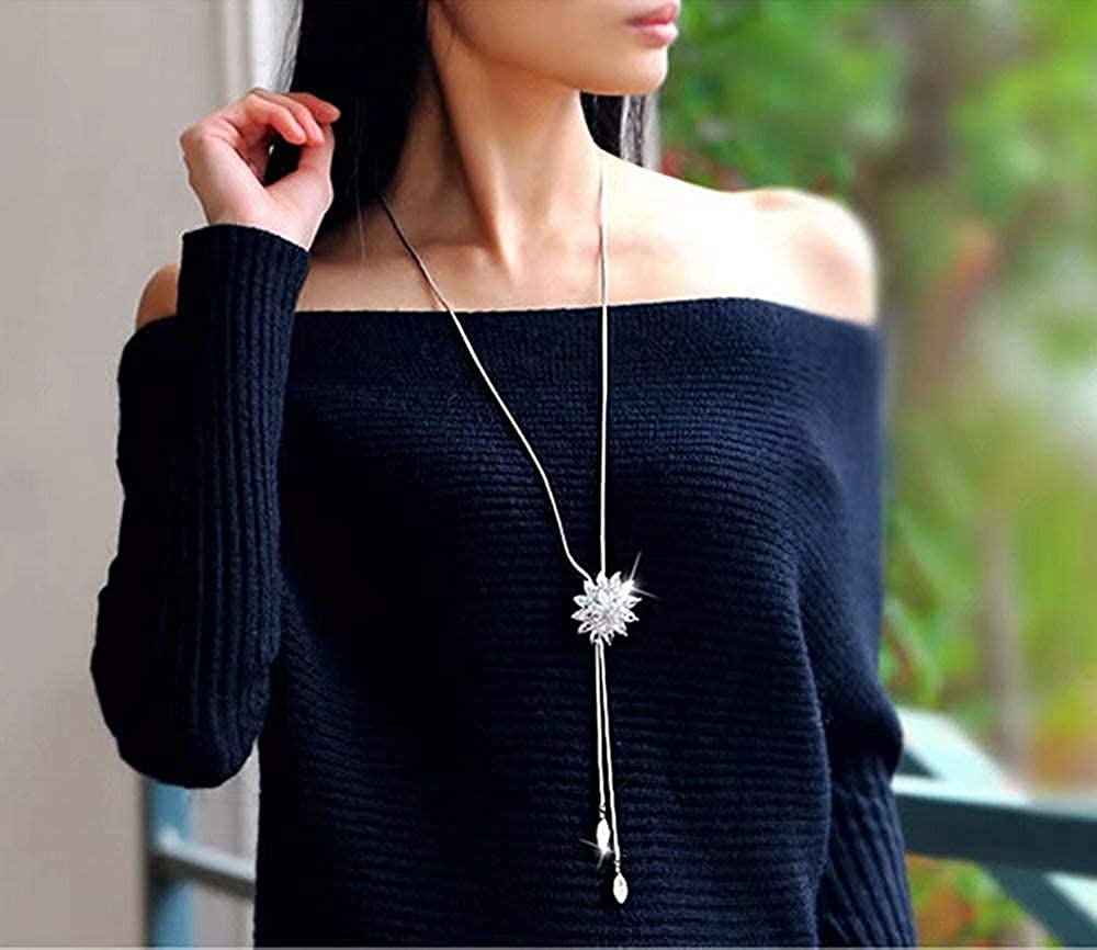 Women Alloy Pendant Rhinestone Long Chain Sweater Necklace