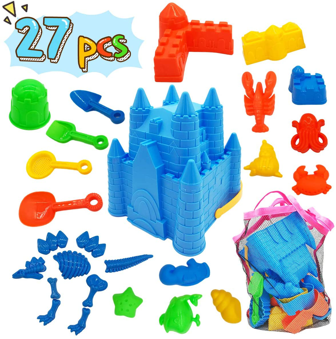 Kids Beach Sand Toys Set, 27pcs Beach Toys Castle Molds Sand Molds, Beach Bucket, Beach Shovel Tool Kit, Sandbox Toys for Toddlers, for Toddlers Kids Outdoor Indoor Play Gift 1 Bonus Mesh Bag Include