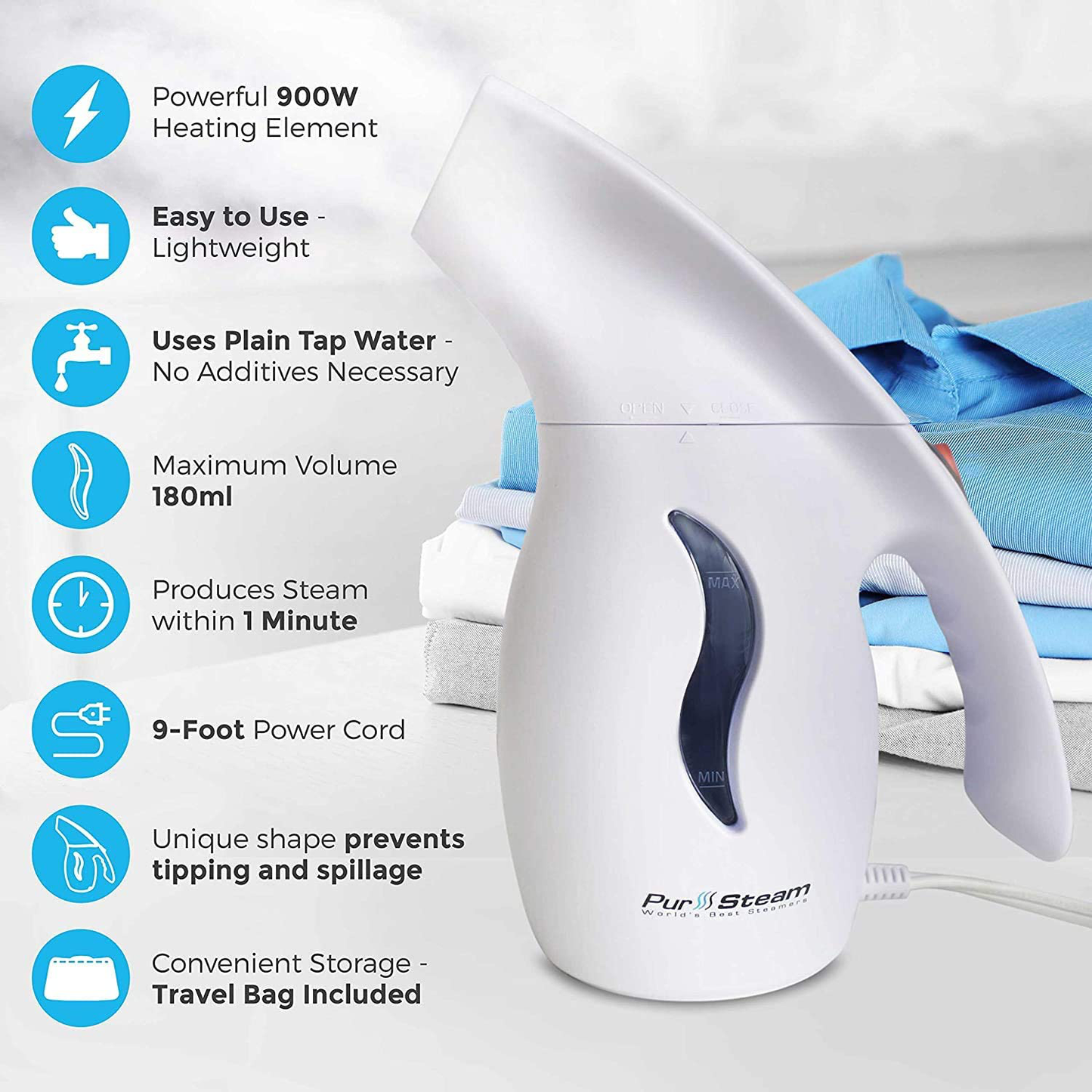 PurSteam Garment Steamer For Clothes, Powerful 7-1 Fabric Steamer For Home/Travel. Remove Wrinkles/Steam/Soften/Clean/and Defrost with UltraFast-Heat Aluminum Heating Element