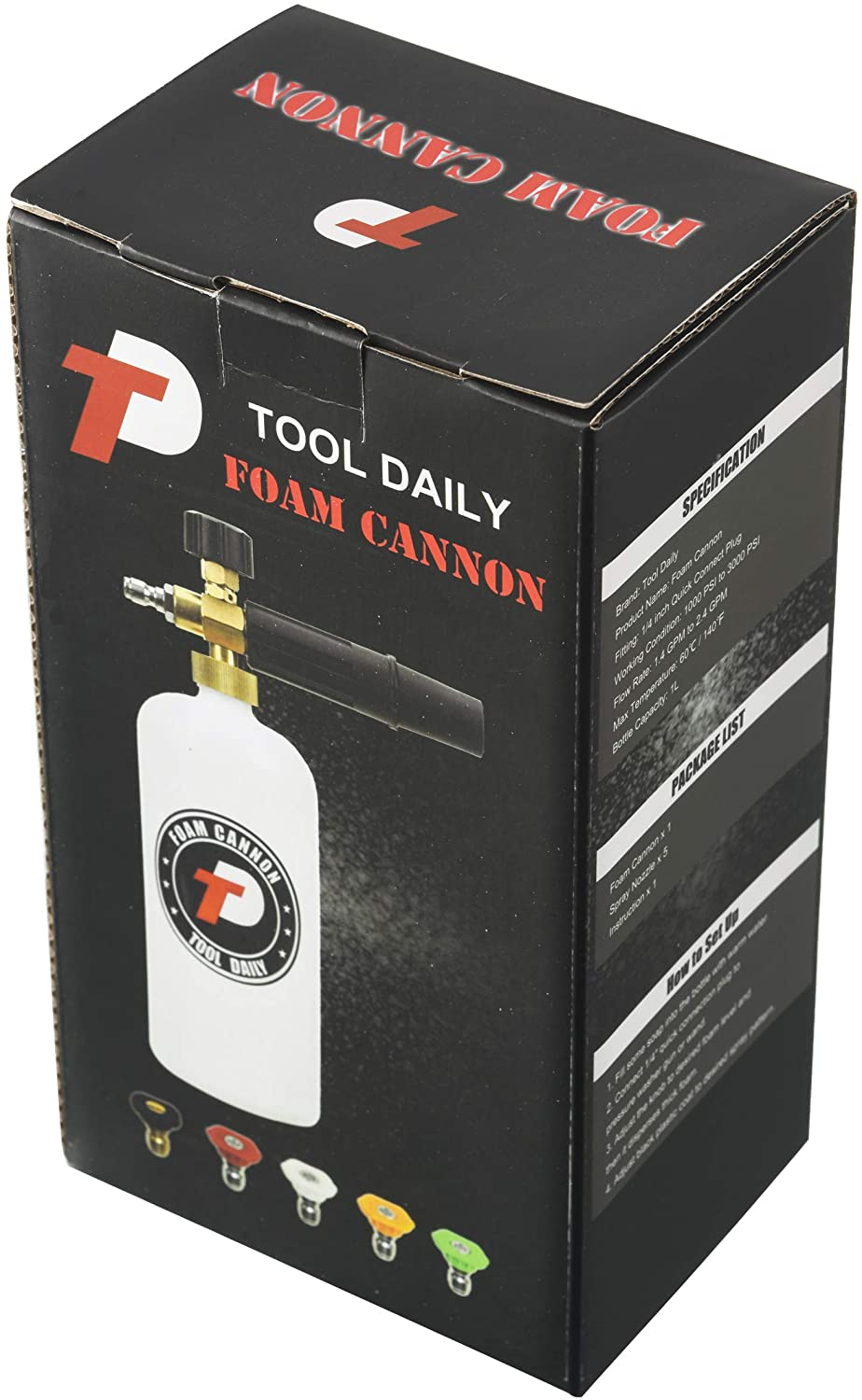 Foam Cannon with 1/4 Inch Quick Connector, 1 Liter, 5 Pressure Washer Nozzle Tips
