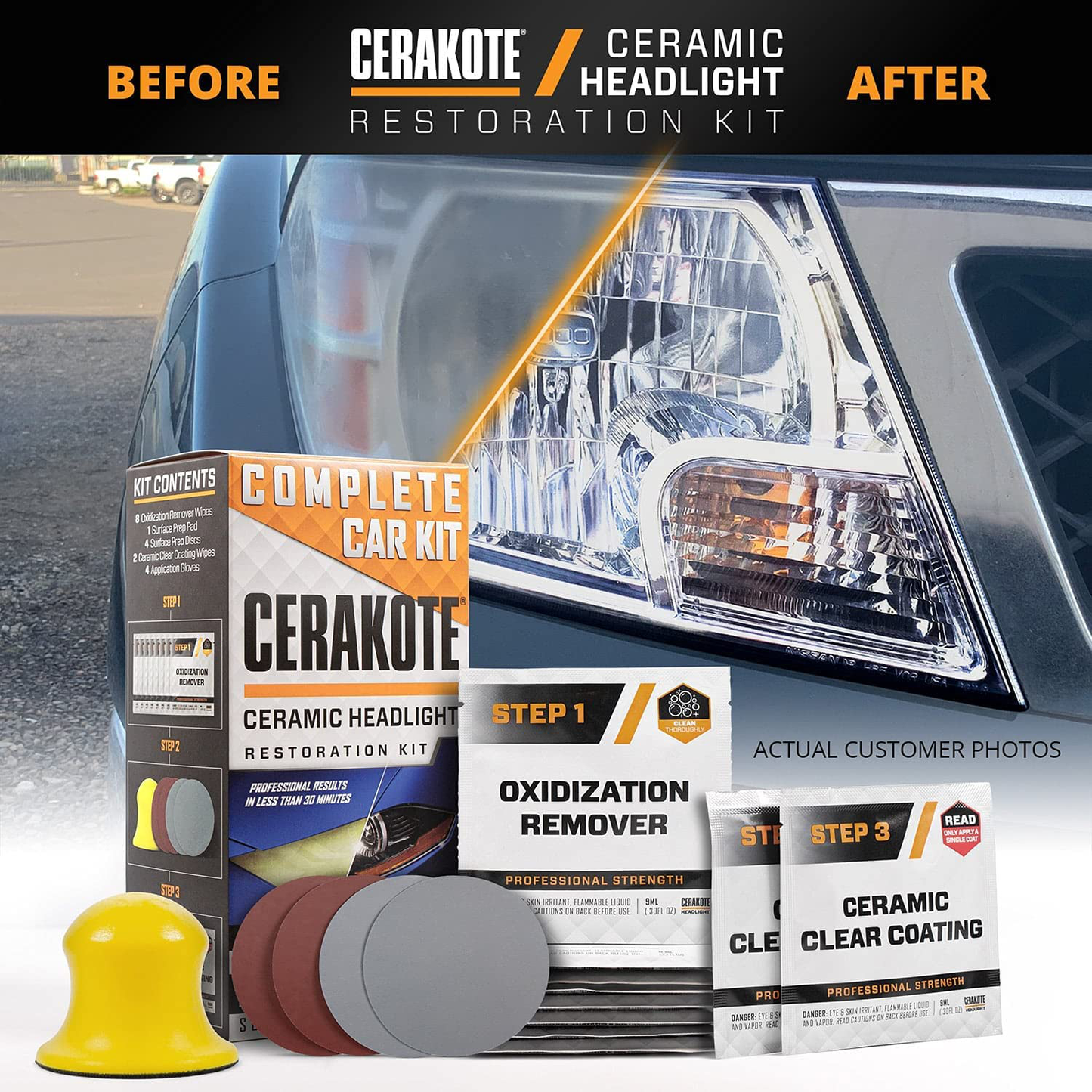 CERAKOTE Ceramic Headlight Restoration Kit – Guaranteed To Last As Long As You Own Your Vehicle – Brings Headlights back to Like New Condition - 3 Easy Steps - No Power Tools Required