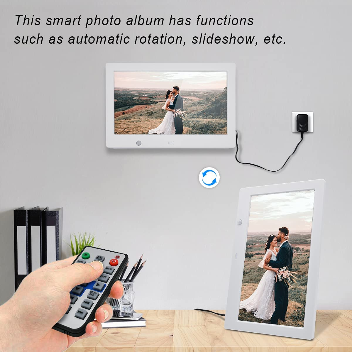 Digital Photo Frame 10 Inch, Smart HD 1024X600 Digital Photo Frame, Electronic Picture Frame with Motion Sensor and Digital Calendar, Gift for Friends and Family（Control by Remote Control）