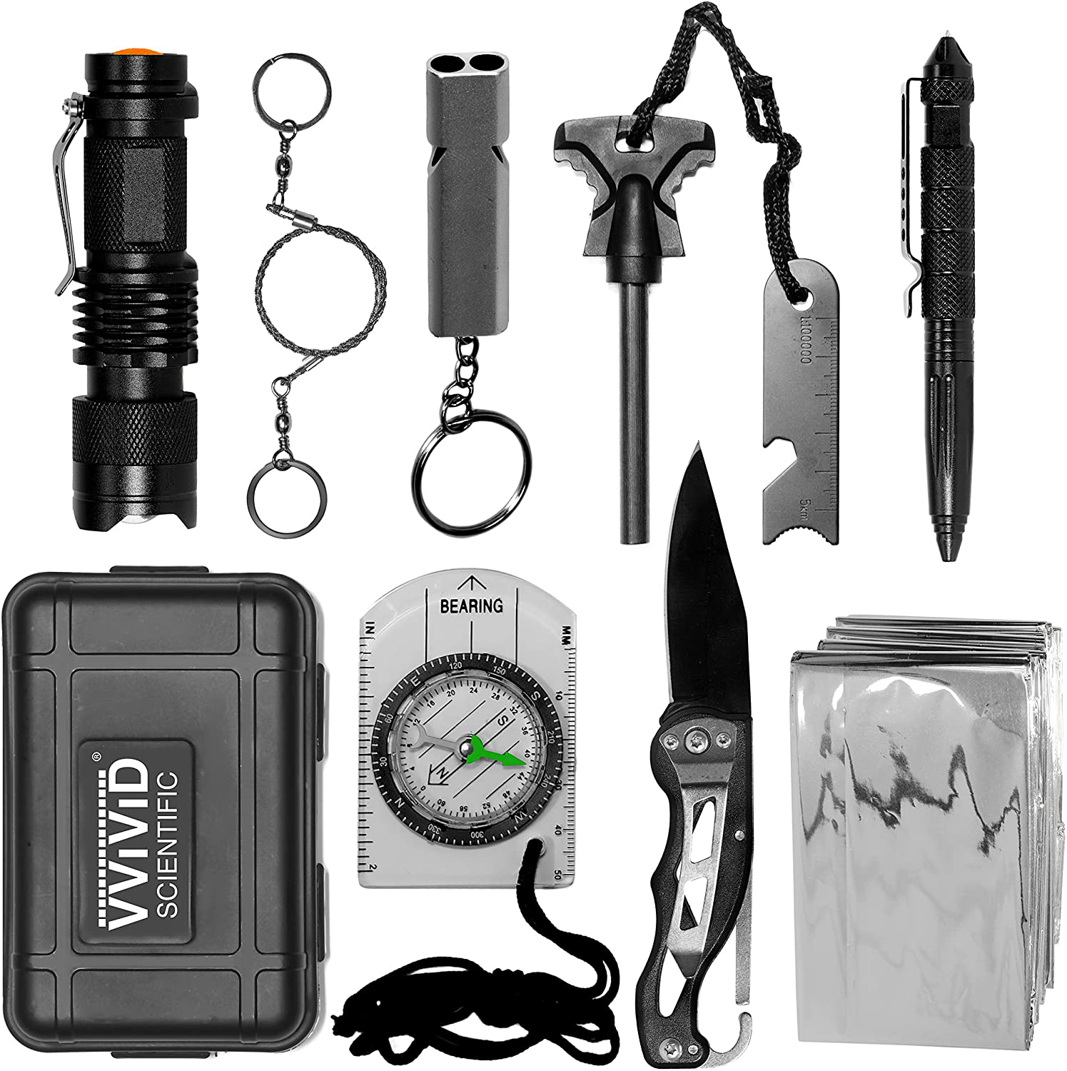 10 in 1 Emergency Tactical Gear Survival Kit Knife Blanket Compass Fire Starter Flashlight Saw
