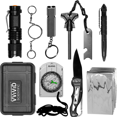 10 in 1 Emergency Tactical Gear Survival Kit Knife Blanket Compass Fire Starter Flashlight Saw 