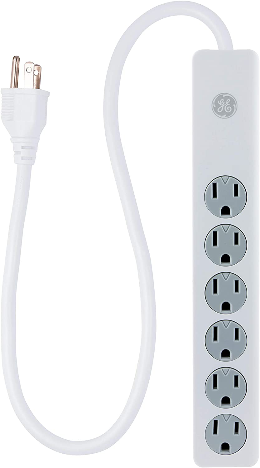 GE 6 Outlet Surge Protector, 10 Ft Extension Cord, Power Strip, 800 Joules, Flat Plug, Twist-to-Close Safety Covers, White, 14092