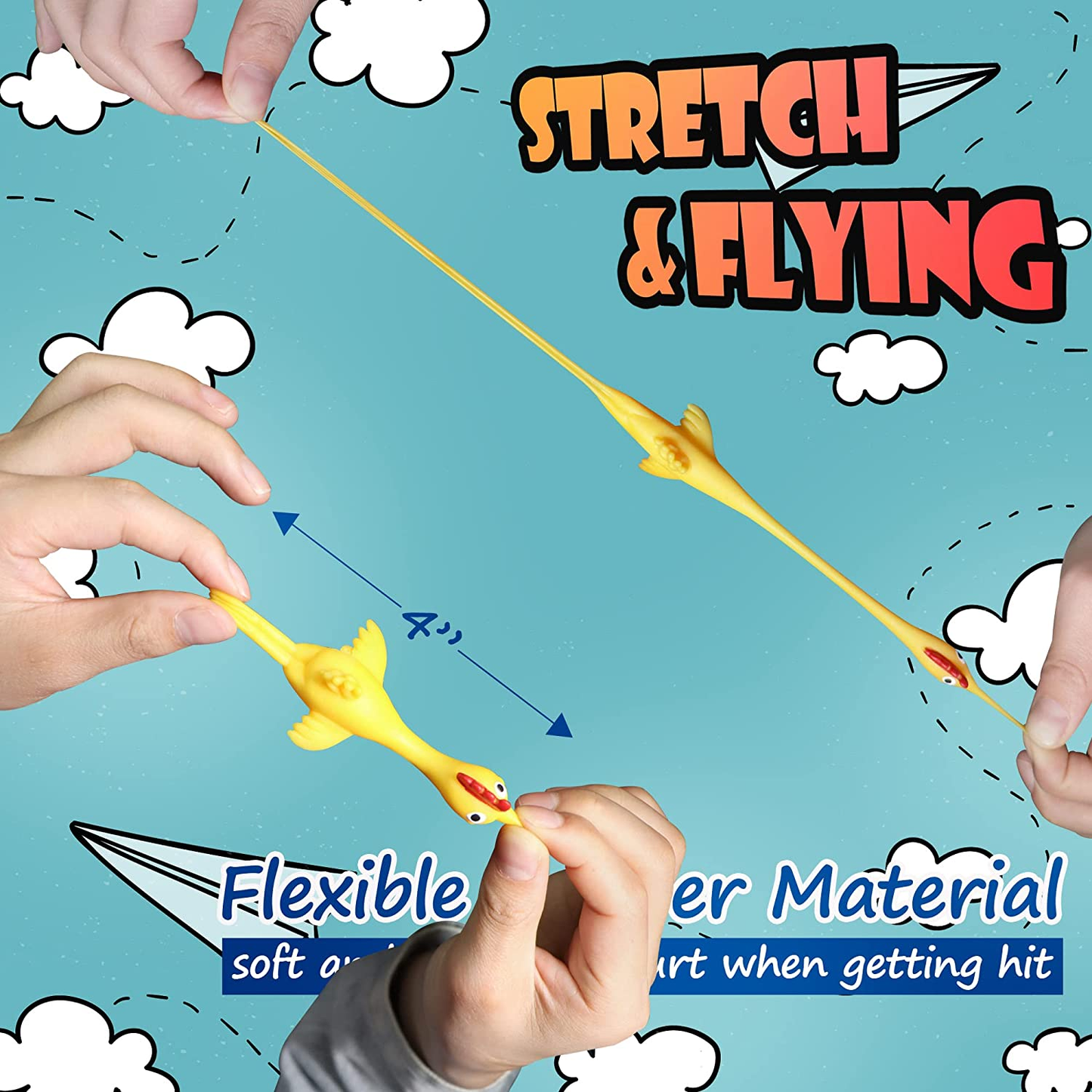 Novelty Place 10 Pcs Slingshot Chicken Flying Finger Toys - Stretchy Rubber Flick Chicks Shooting Game for Kids & Adults - Stress Relieve Fidget Toy, Party Favors & Easter Gift (4 Inch)