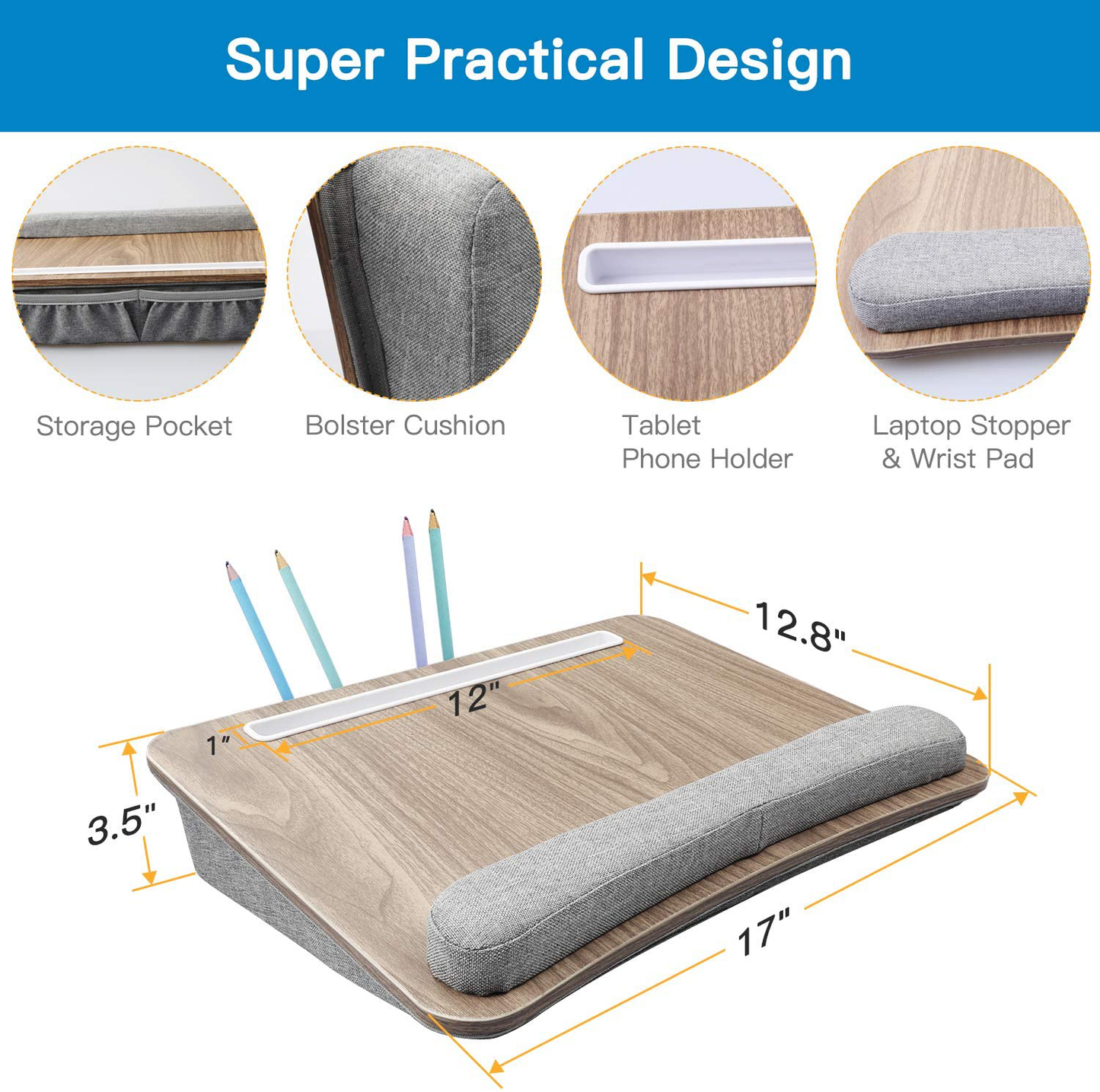 HUANUO Lap Laptop Desk - Portable Lap Desk with Pillow Cushion, Fits up to 15.6 inch Laptop, with Anti-Slip Strip & Storage Function for Home Office Students Use as Computer Laptop Stand, Book Tablet