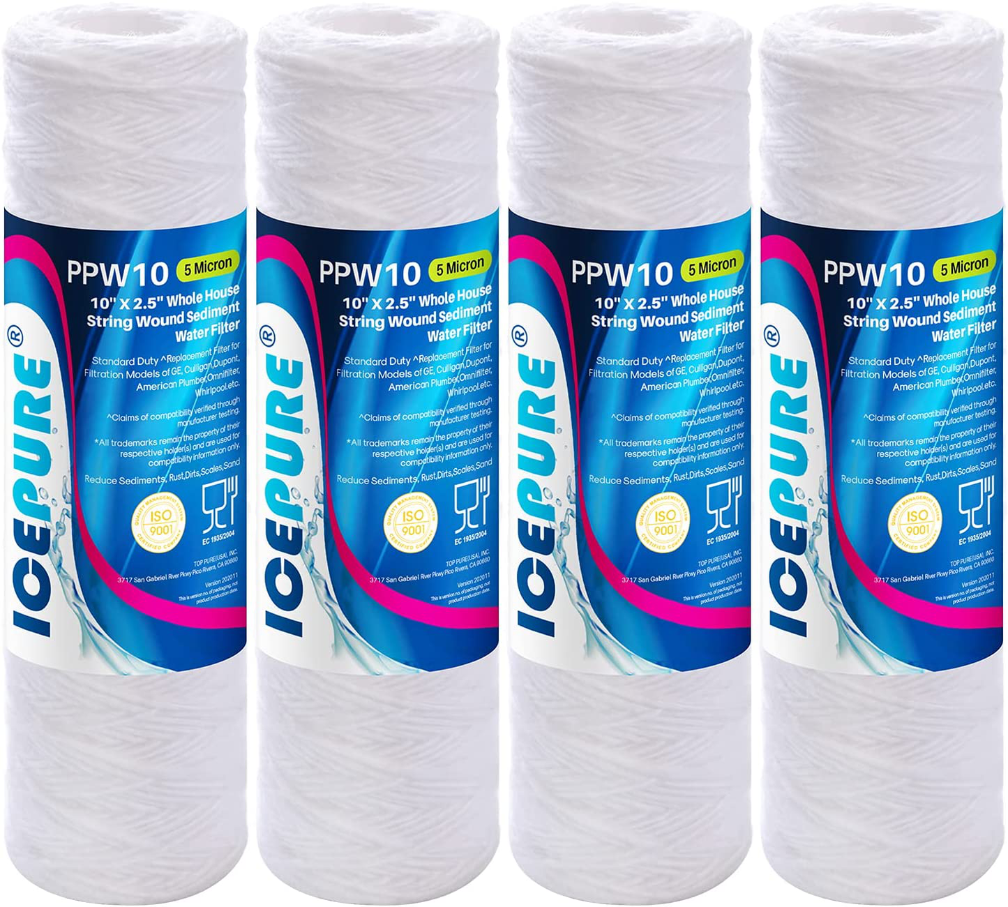 5 Micron 10" x 2.5" String Wound Sediment Water Filter Cartridge for Well filter Universal Replacement for Any 10 inch RO Unit, WP-5, Aqua-Pure AP110, CFS110, Culligan P5, WFPFC4002, WP-5, CW-MF,4PACK