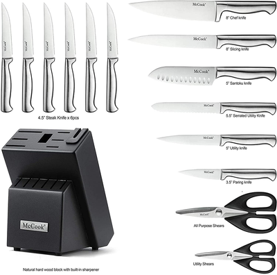 McCook MC21 Knife Sets,15 Pieces German Stainless Steel Kitchen Knife Block Sets with Built-in Sharpener