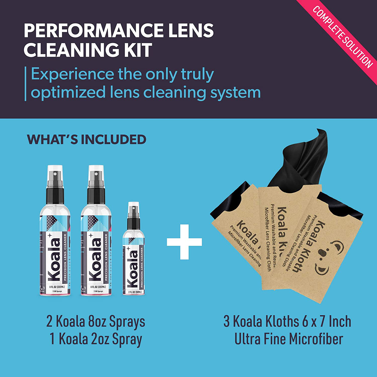 Koala Eyeglass Lens Cleaner Spray Kit | American Made | 18 Ounces + 3 Koala Cloths | Streak and Alcohol Free | Carefully Engineered Glasses Cleaner | Safe for All Lenses