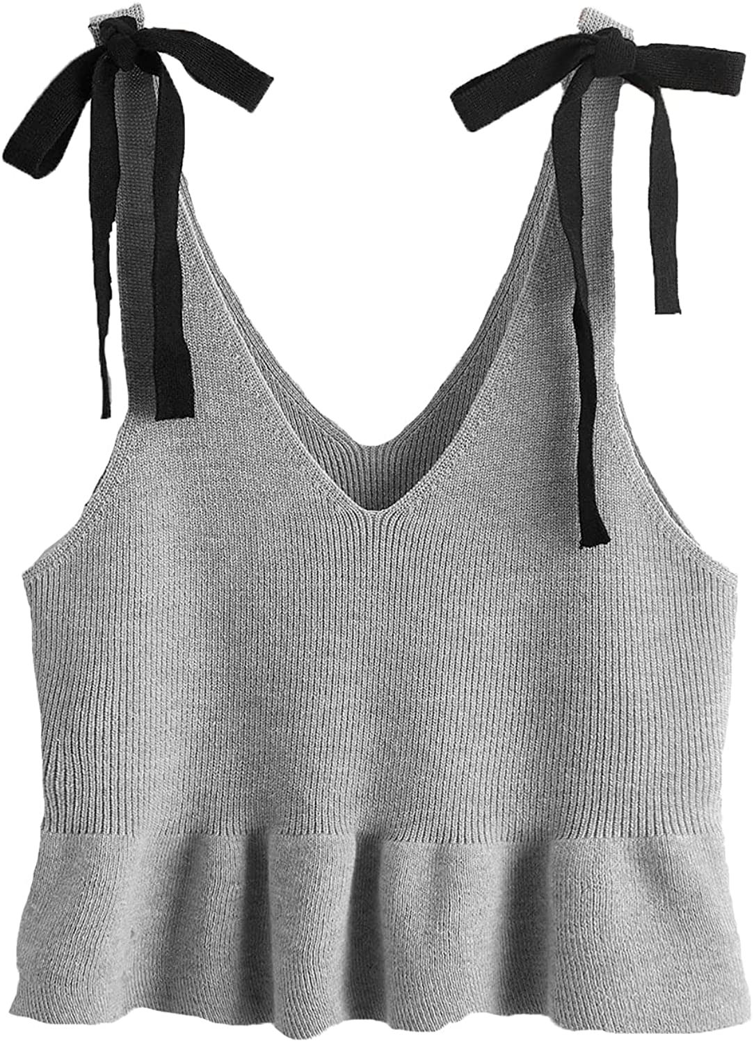 SweatyRocks Women's Casual Knit Top Sleeveless Ruffle Hem V Neck Peplum Crop Tank Top