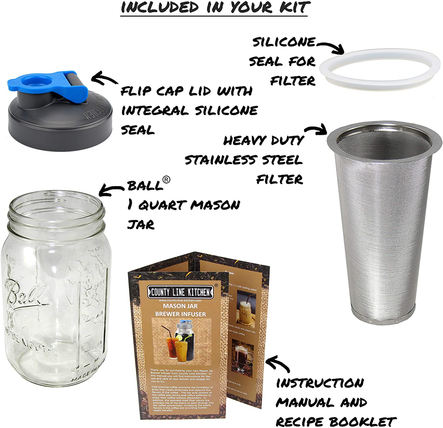County Line Kitchen Durable Cold Brew Mason Jar Coffee Maker. Glass Jar, Stainless Steel Filter, Flip Cap Lid