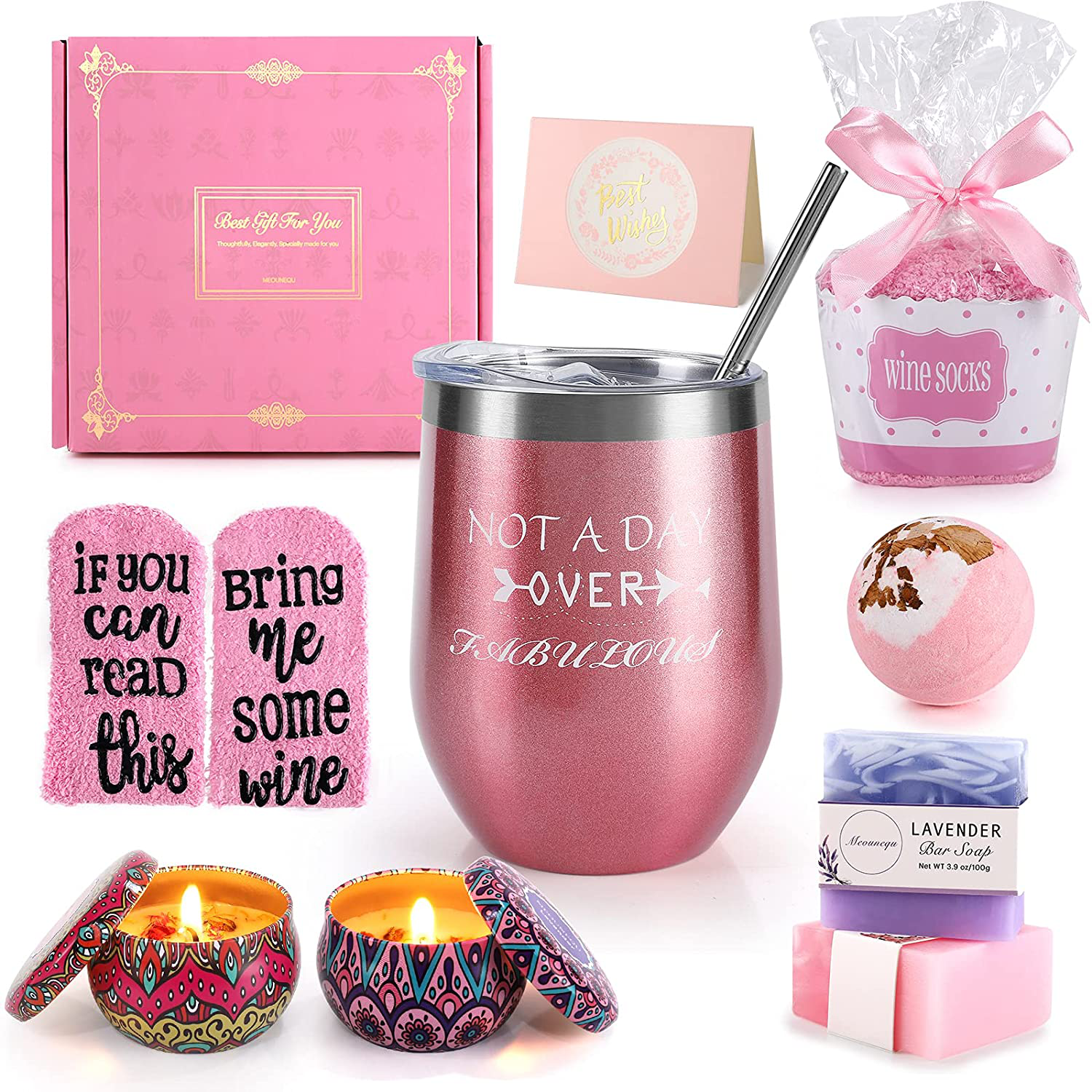 Wine Gifts for Women, Relaxing Spa Gift Baskets for Women, Wine Insulated Tumbler for Wine Lover, Stainless Steel Wine Tumbler with Lid, Christmas Birthday Gift Box for Mom Wife Sister Friends Female
