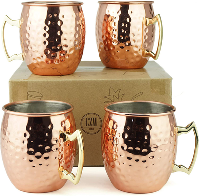 PG Moscow Mule Mugs | Large Size 19 Ounces | Set of 4 Hammered Cups | Stainless Steel Lining | Pure Copper Plating | Gold Brass Handles | 3.7 Inches Diameter X 4 Inches Tall