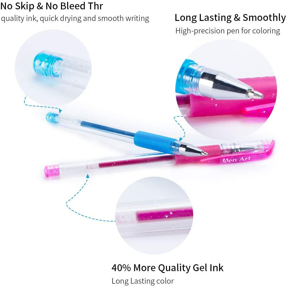 Glitter Gel Pens Colored Fine Tip Markers with 40% More Ink for Adult Coloring Books, Drawing and Doodling (24 Colors)