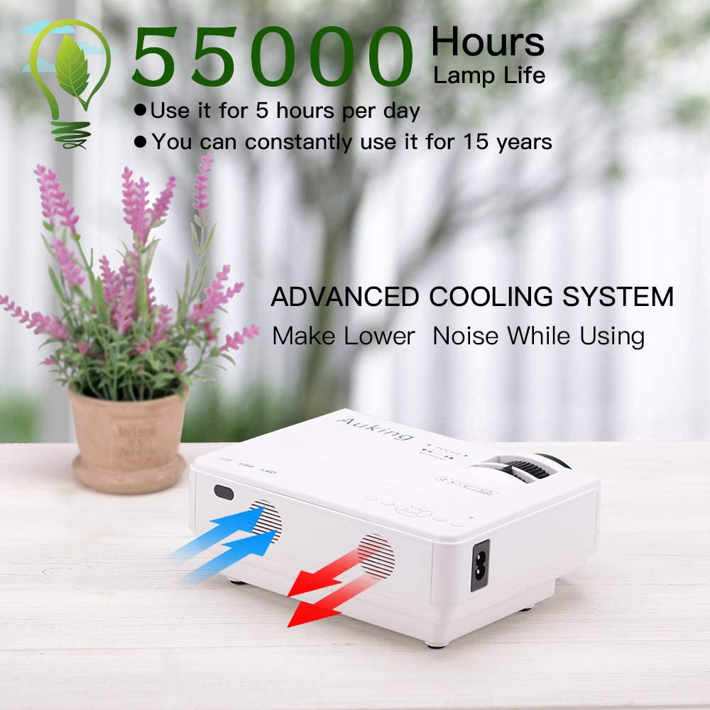 AuKing Mini Projector 2021 Upgraded Portable Video-Projector,55000 Hours Multimedia Home Theater Movie Projector,Compatible with Full HD 1080P HDMI,VGA,USB,AV,Laptop,Smartphone