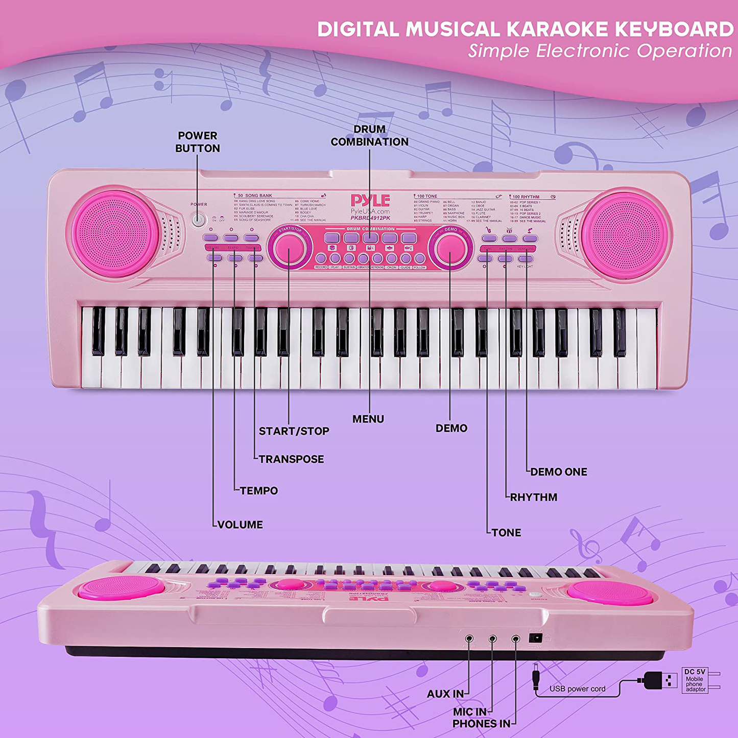 Pyle, Electric Keyboard 49 Keys-Portable Digital Musical Karaoke Piano Keyboard-100 Tunes/Rhythms, 50 Demos, Rechargeable Battery-Wired Microphone-Beginners Kids