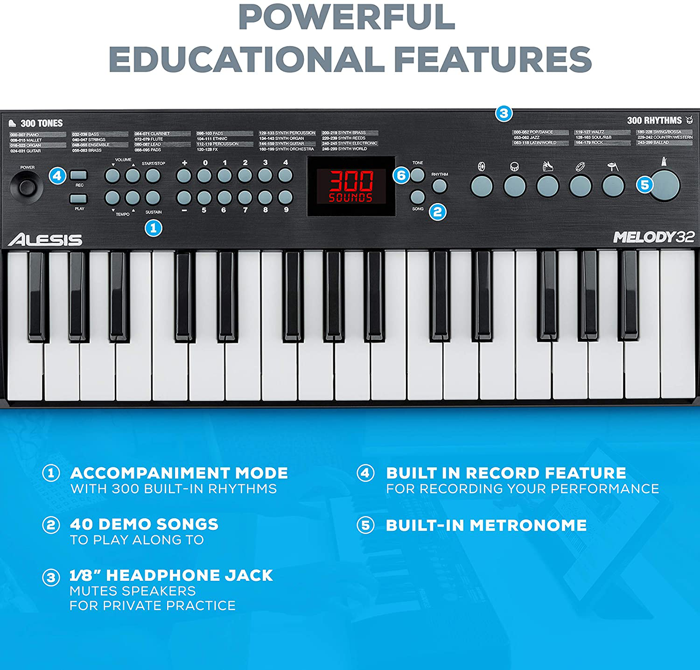 Alesis Melody 32 – Electric Keyboard Digital Piano with 32 Keys, Speakers, 300 Sounds, 300 Rhythms, 40 Songs, USB-MIDI Connectivity and Piano Lessons