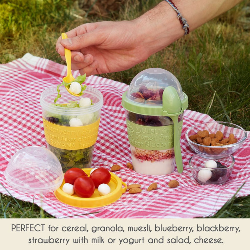 2 Pack Yogurt Parfait Cups with Lids, Breakfast on the Go Plastic Bowls with Topping Cup & Spoon